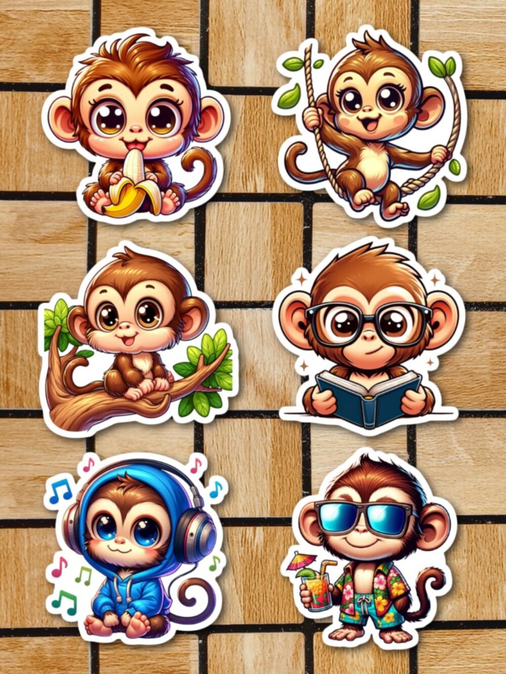 Kawaii Monkey Sticker Pack of 12 Vinyl Stickers Waterproof 3" Size Sticker Set